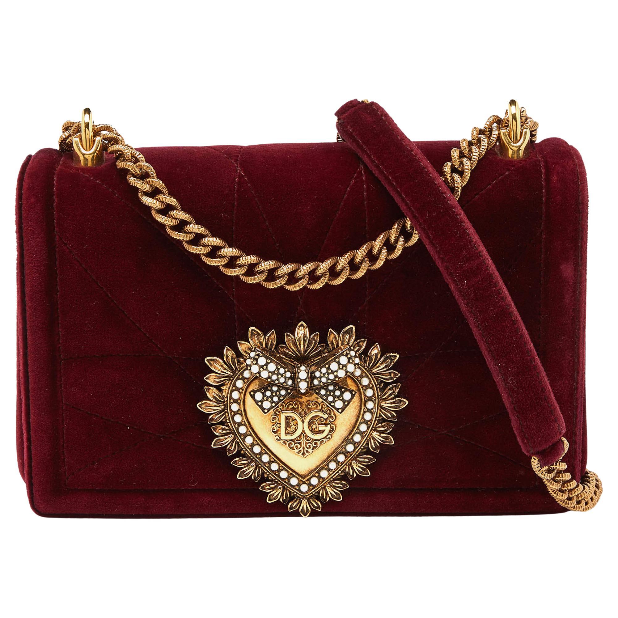 Dolce & Gabbana Maroon Quilted Velvet Devotion Chain Shoulder Bag For Sale