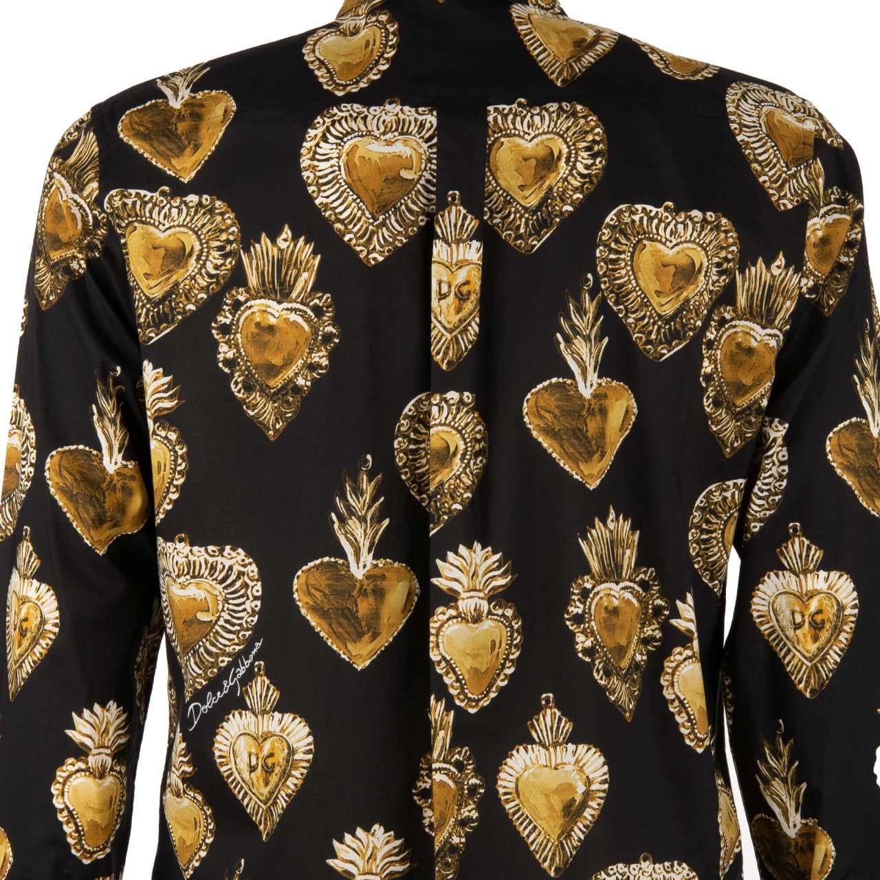 Dolce & Gabbana MARTIINI Sacred Heart Print Cotton Shirt Black 39/15.5 In Excellent Condition For Sale In Erkrath, DE