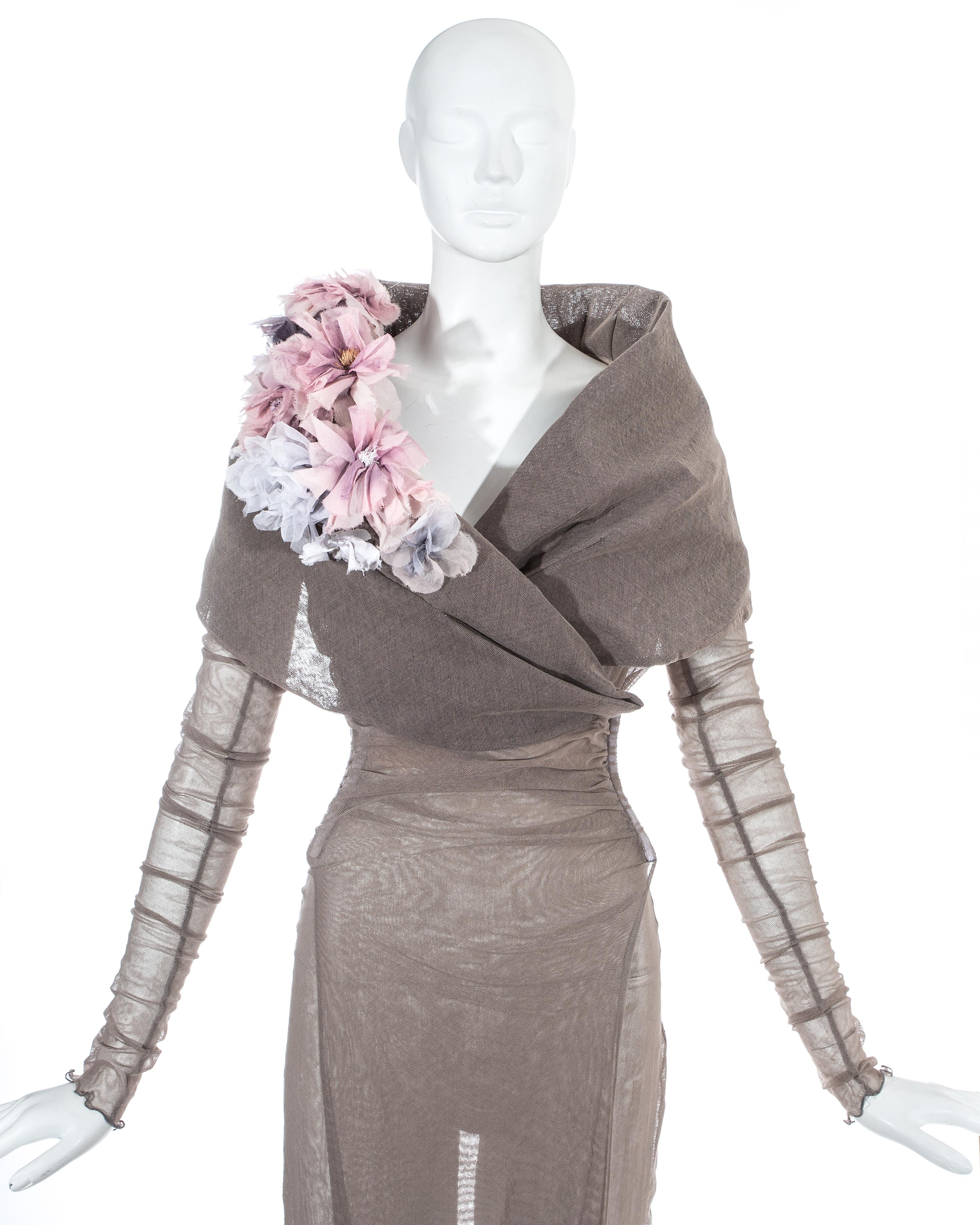 Brown Dolce & Gabbana mauve mesh maxi coat dress with floral motifs, ss 1998