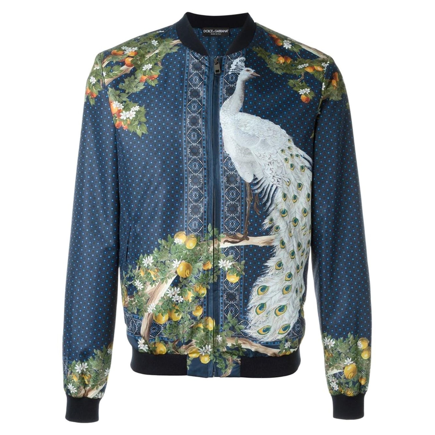Dolce and Gabbana Men's Blue Peacock Print 100% Silk Bomber Jacket For Sale  at 1stDibs | dolce and gabbana jacket