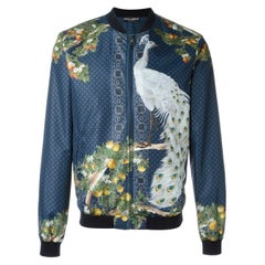 Dolce & Gabbana Men's Blue Peacock Print 100% Silk Bomber Jacket 