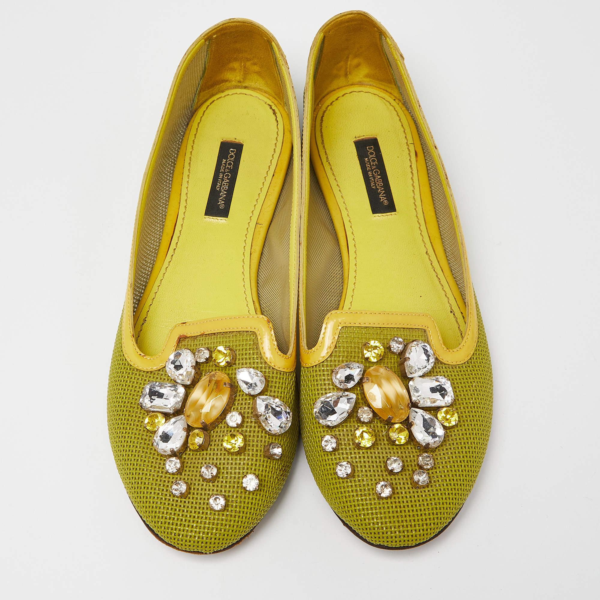 Brown Dolce & Gabbana Mesh and Patent Leather Embellished Ballet Flats Size 37.5 For Sale