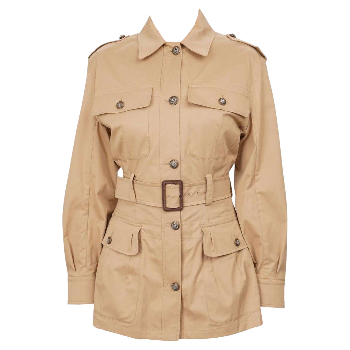 Dolce 
Gabbana Metal Crown Buttons Trench Coat Safari Jacket Beige IT 42 For Sale