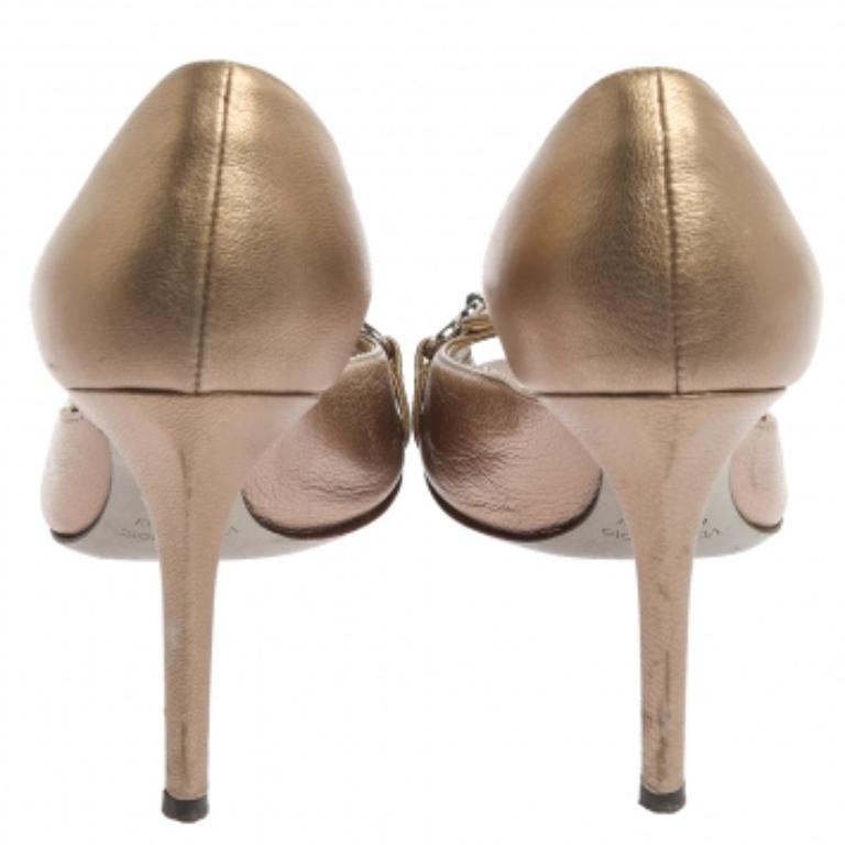 Women's Dolce & Gabbana Metallic Beige Leather Peep Toe D'Orsay Pumps Size 37.5 For Sale