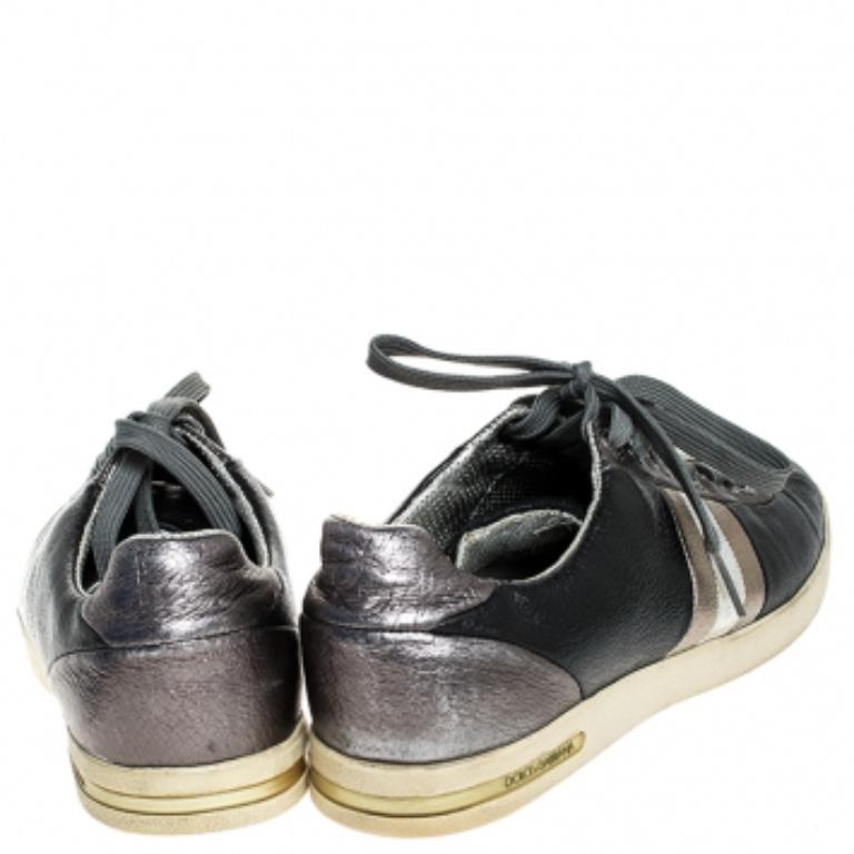 Noir Dolce & Gabbana Metallic Black/Grey Leather Striped Lace Up Sneakers Size 40 en vente