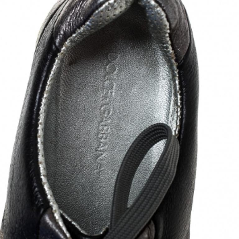 Dolce & Gabbana Metallic Black/Grey Leather Striped Lace Up Sneakers Size 40 Pour hommes en vente