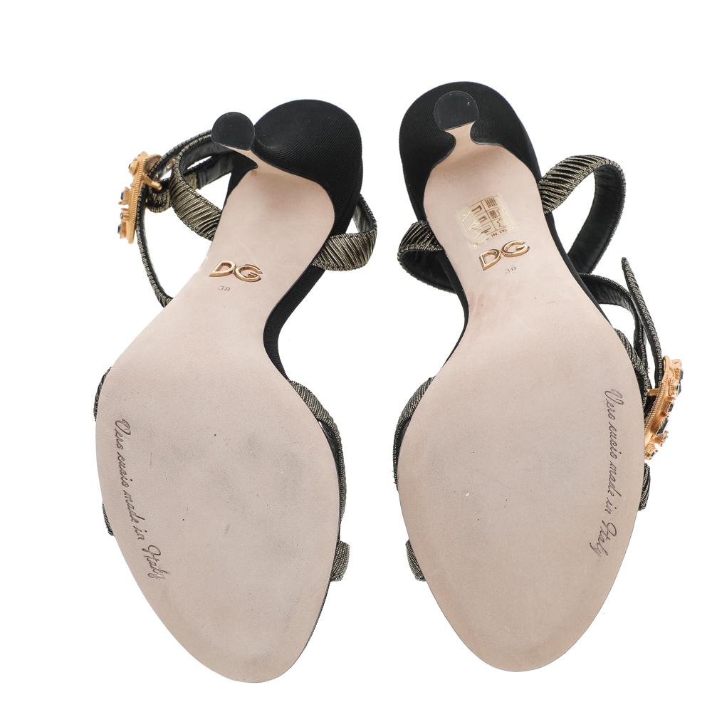 Women's Dolce & Gabbana Metallic Black Lurex Fabric Devotion Ankle Strap Sandals Size 38
