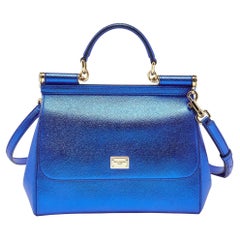 Dolce & Gabbana Metallic Blue Leather Medium Miss Sicily Top Handle Bag