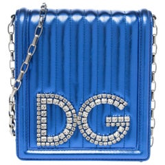 Dolce & Gabbana Metallic Blue Quiltted Leather DG Girls Crystal Shoulder Bag