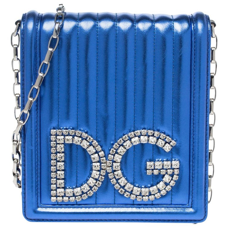 Dolce and Gabbana Metallic Blue Quiltted Leather DG Girls Crystal Shoulder  Bag at 1stDibs