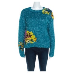 Dolce & Gabbana Metallic Blue Tinsel Rib Knit Floral Applique Sweater S