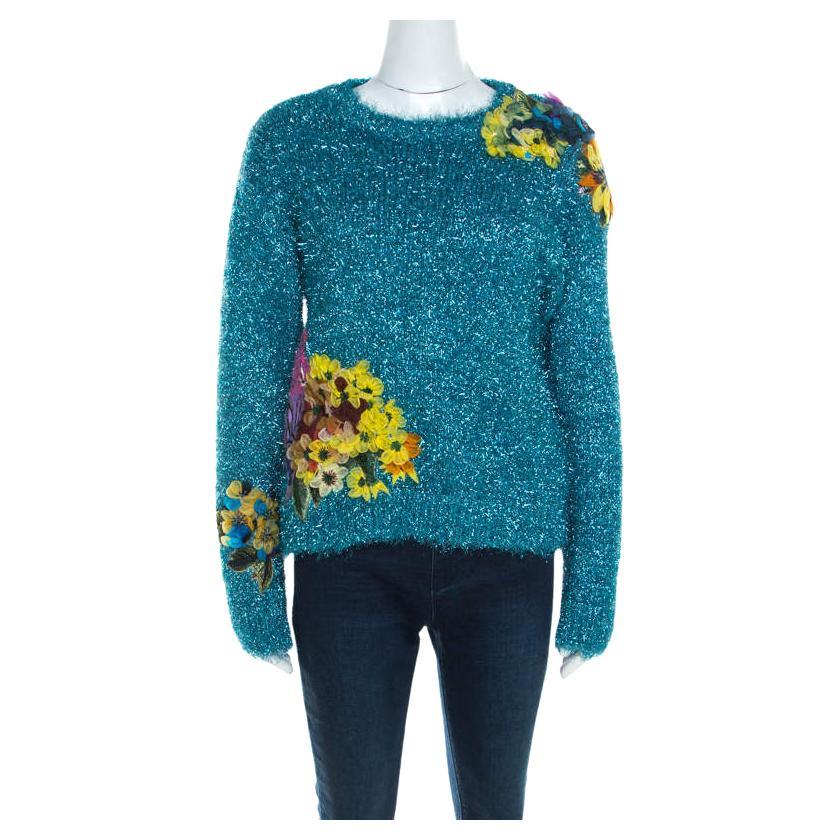 Dolce & Gabbana Metallic Blue Tinsel Rib Knit Floral Applique Sweater S For Sale