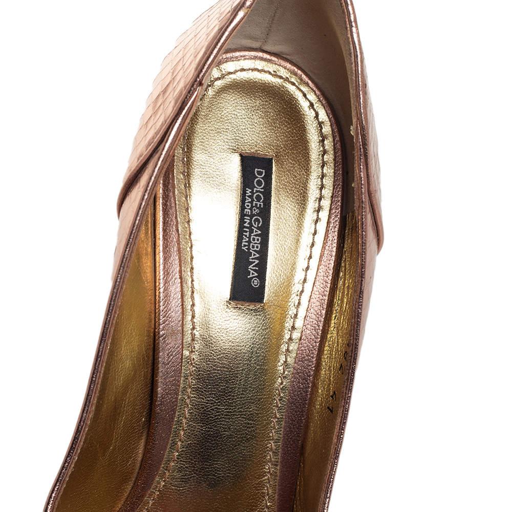 Women's Dolce & Gabbana Metallic Bronze Python Embossed Leather Peep Toe Pumps Size 41 For Sale