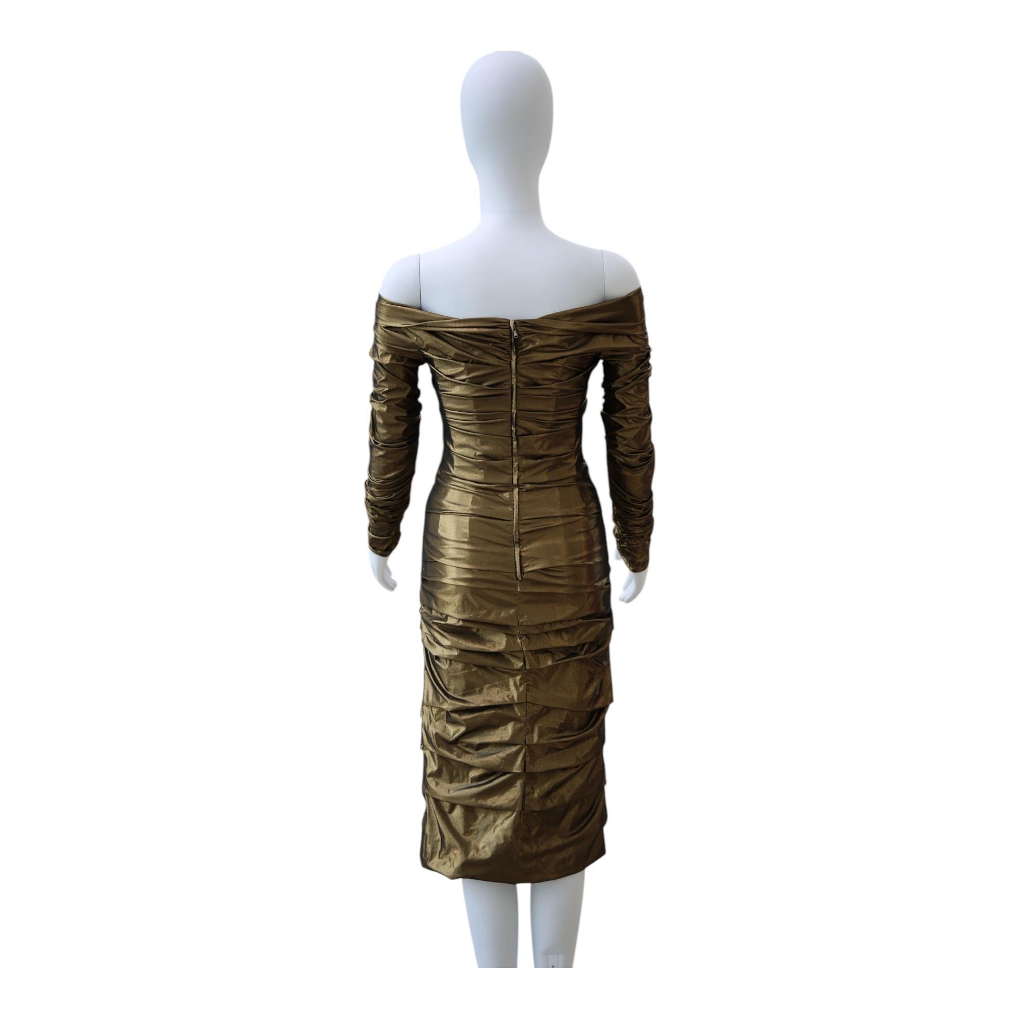 Brown Dolce & Gabbana Metallic Bronze Ruched Off-Shoulder Dress For Sale