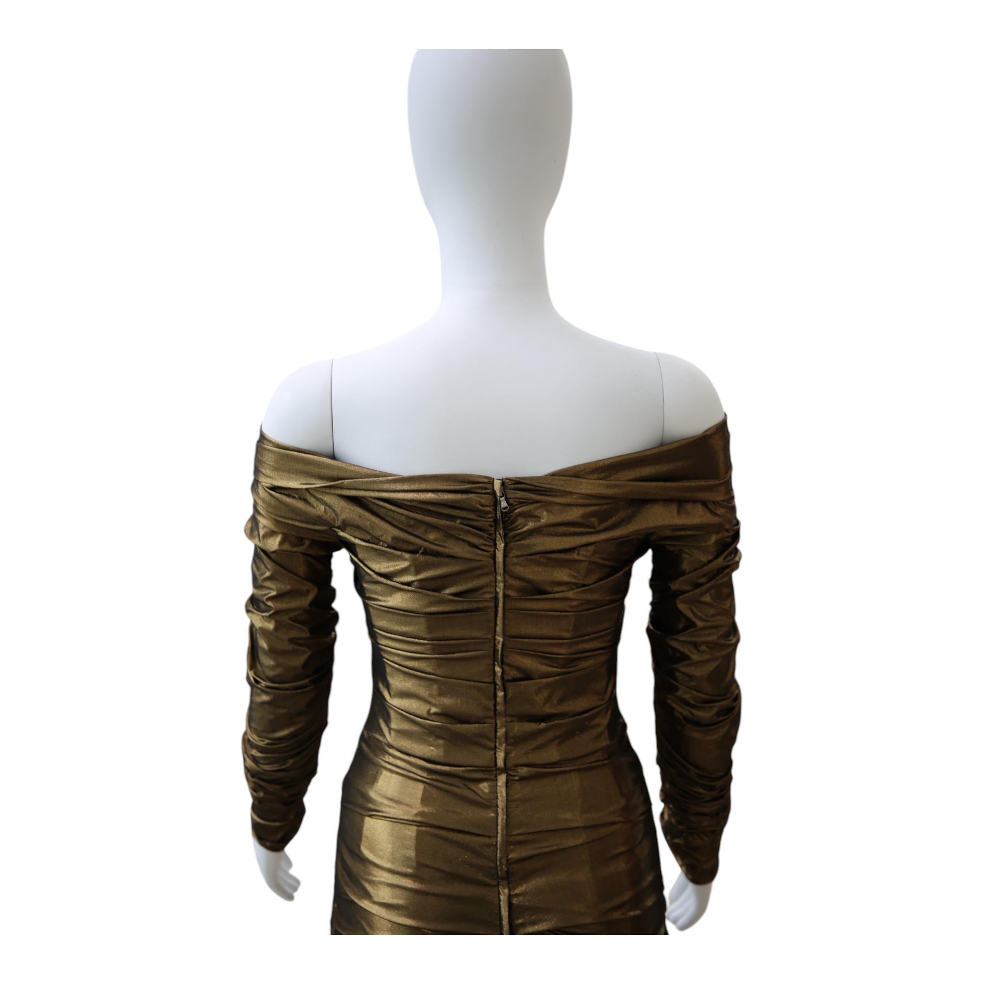 Dolce & Gabbana Metallic Bronze Ruched Off-Shoulder Dress In Excellent Condition For Sale In Dallas, TX