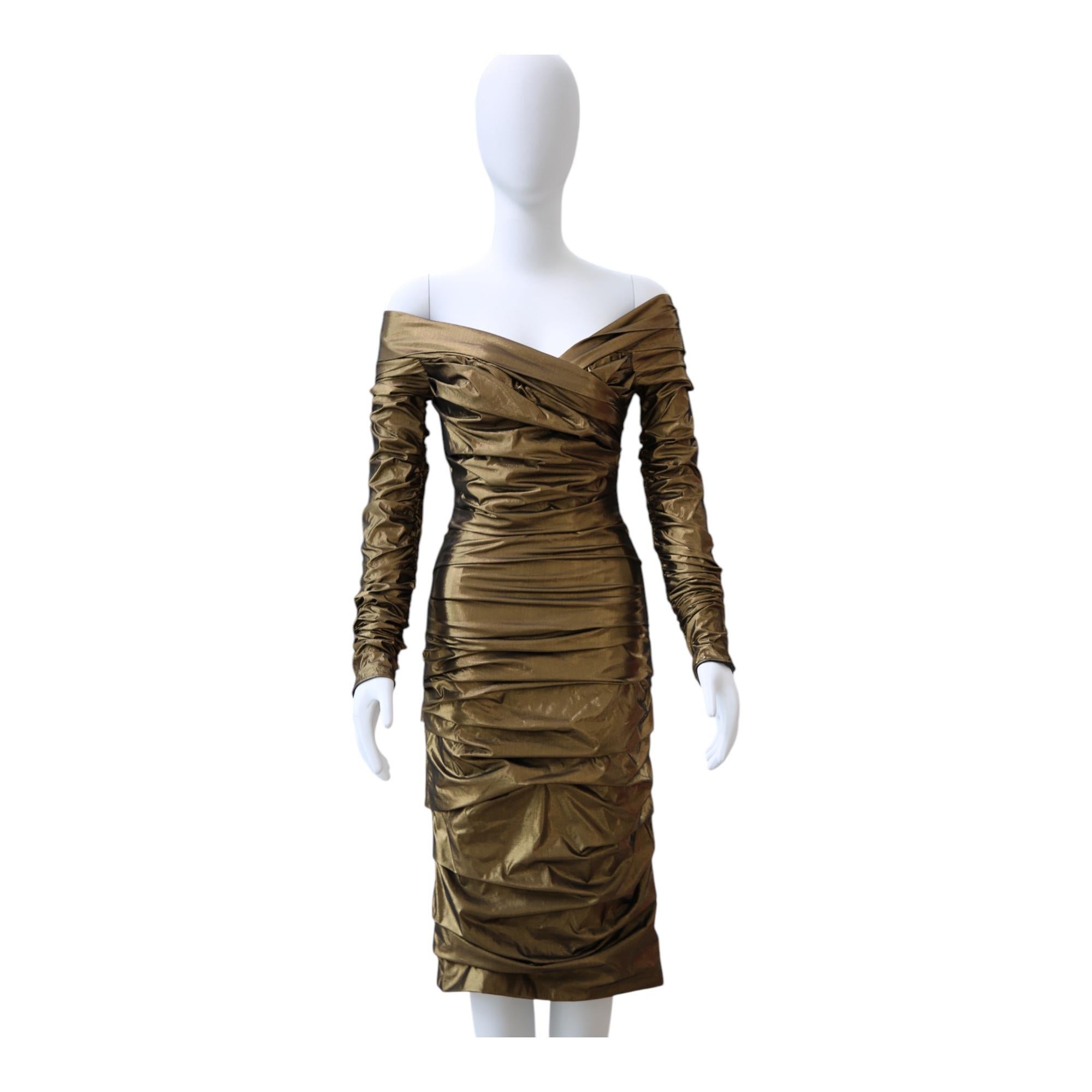 Women's Dolce & Gabbana Metallic Bronze Ruched Off-Shoulder Dress For Sale