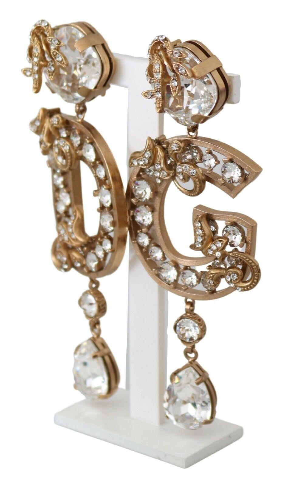 Modern Dolce & Gabbana Metallic Crystal DG Clip-on Drop Earrings Gold Brass Metal