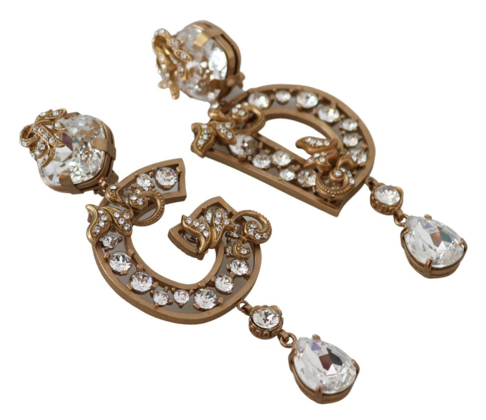 Dolce & Gabbana Metallic Crystal DG Clip-on Drop Earrings Gold Brass Metal In New Condition In WELWYN, GB