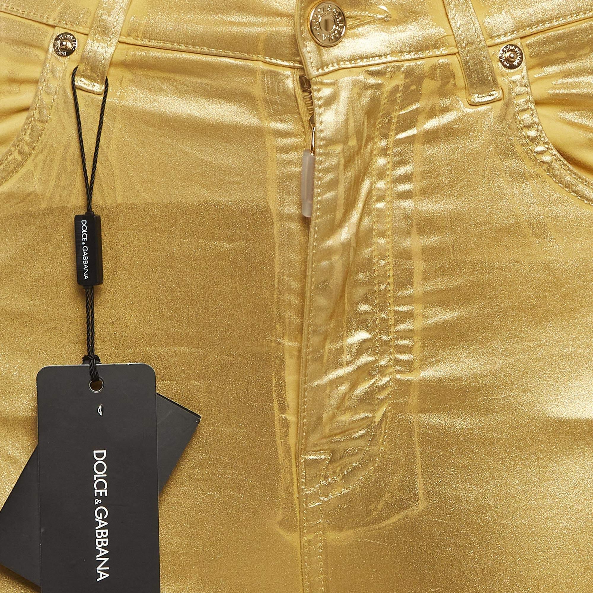 Marrone Dolce & Gabbana - Pantaloni skinny in cotone rivestito d'oro metallizzato S in vendita