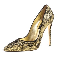 Dolce & Gabbana Metallic Gold Glitter and Black Lace Pointed Toe Pumps Size 36