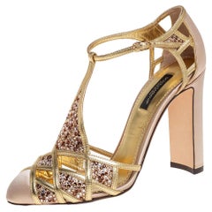 Dolce & Gabbana Metallic Gold Leather and Satin Crystal Embellished Sandals Size