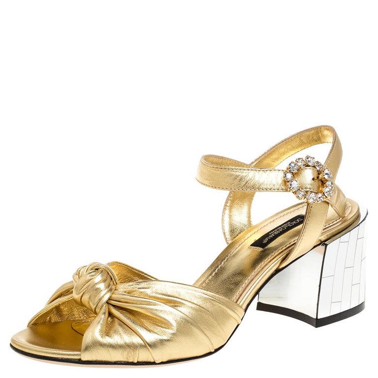 Dolce & Gabbana Gold Fur Trim Glitter T-strap Sandals Shoes