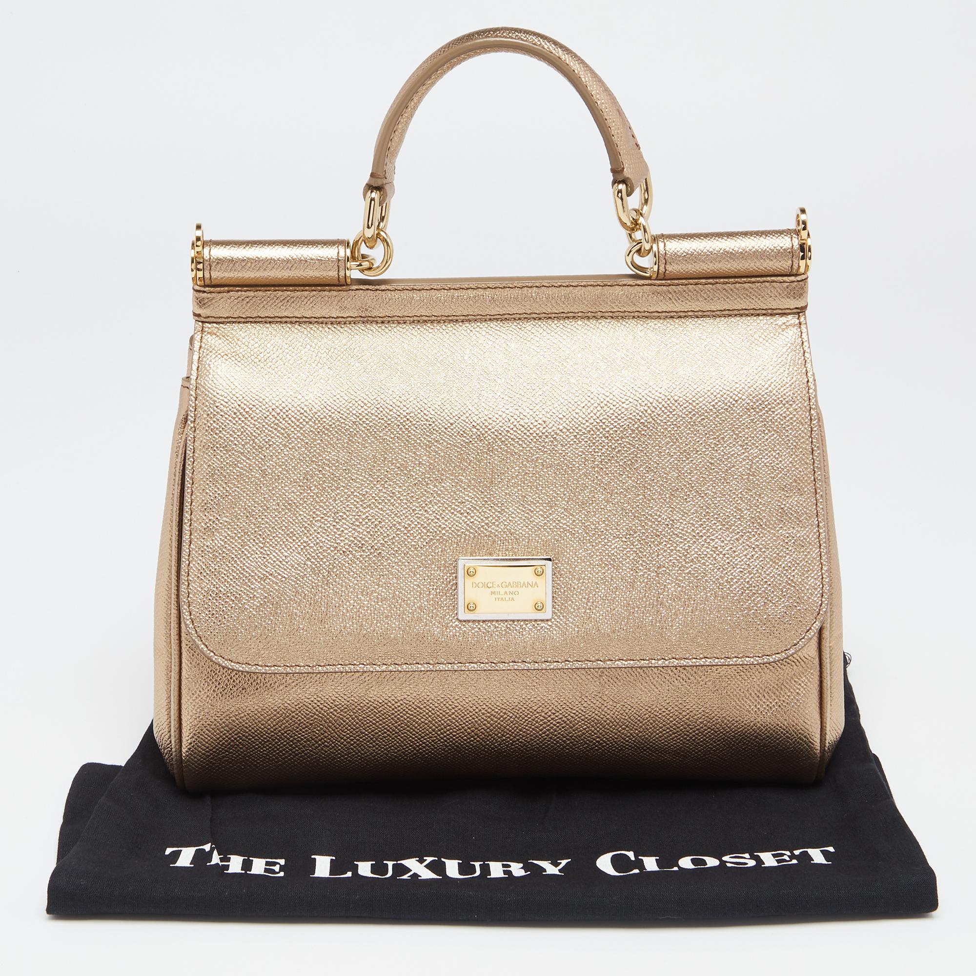 Dolce & Gabbana Metallic Gold Leather Medium Miss Sicily Top Handle Bag In Good Condition In Dubai, Al Qouz 2