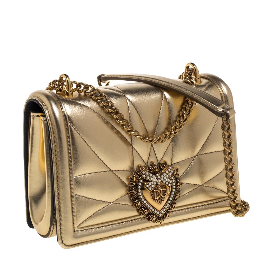 Dolce & Gabbana Metallic Gold Leather Mini Devotion Chain Shoulder Bag In Good Condition In Dubai, Al Qouz 2