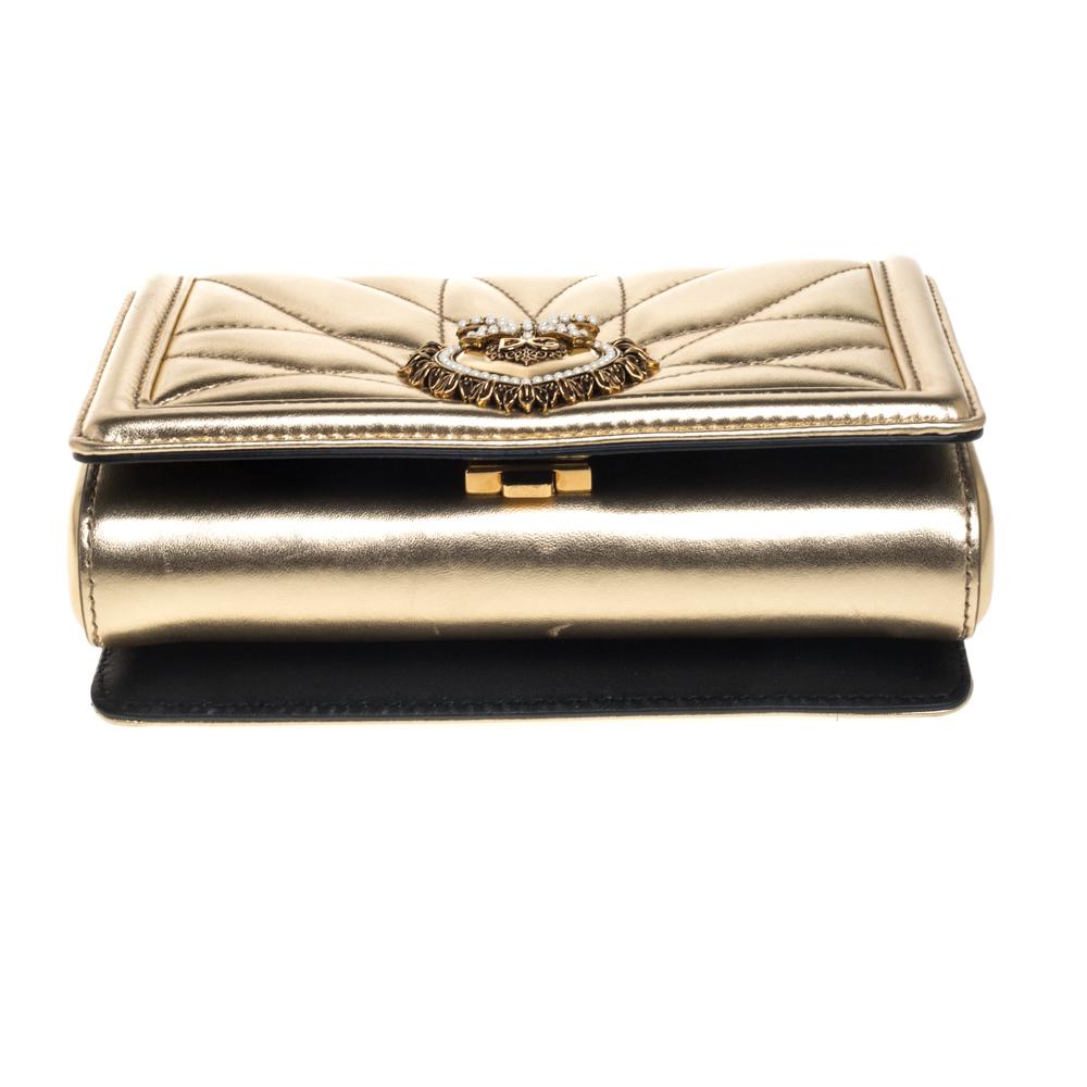 Women's Dolce & Gabbana Metallic Gold Leather Mini Devotion Chain Shoulder Bag