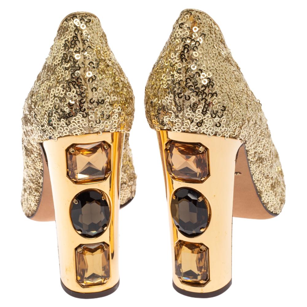 Brown Dolce & Gabbana Metallic Gold Sequin Crystal Studded Heel Jackie Pumps Size 37