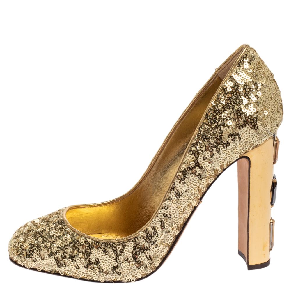 Women's Dolce & Gabbana Metallic Gold Sequin Crystal Studded Heel Jackie Pumps Size 37