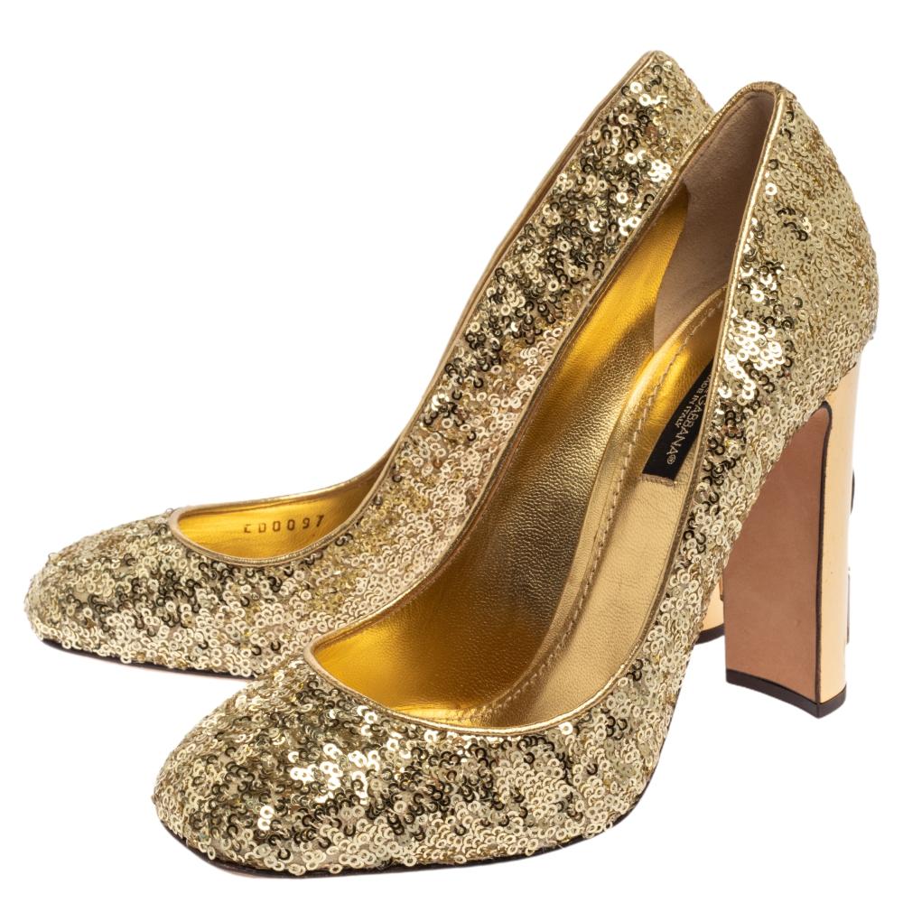 Dolce & Gabbana Metallic Gold Sequin Crystal Studded Heel Jackie Pumps Size 37 2