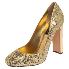 Dolce & Gabbana Metallic Gold Sequin Crystal Studded Heel Jackie Pumps Size 37