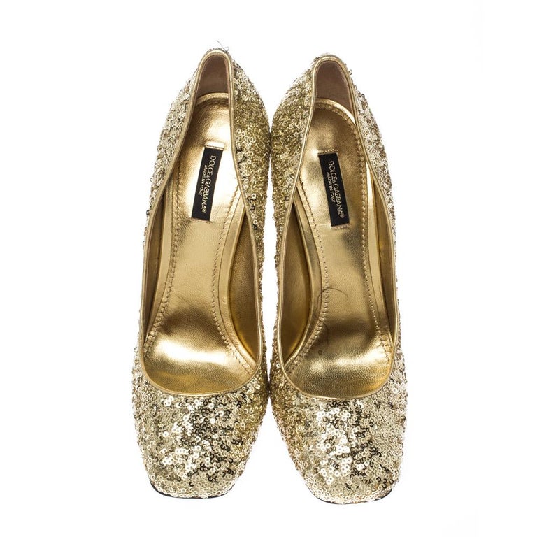 Dolce and Gabbana Metallic Gold Sequin Crystal Studded Heel Pumps Size ...