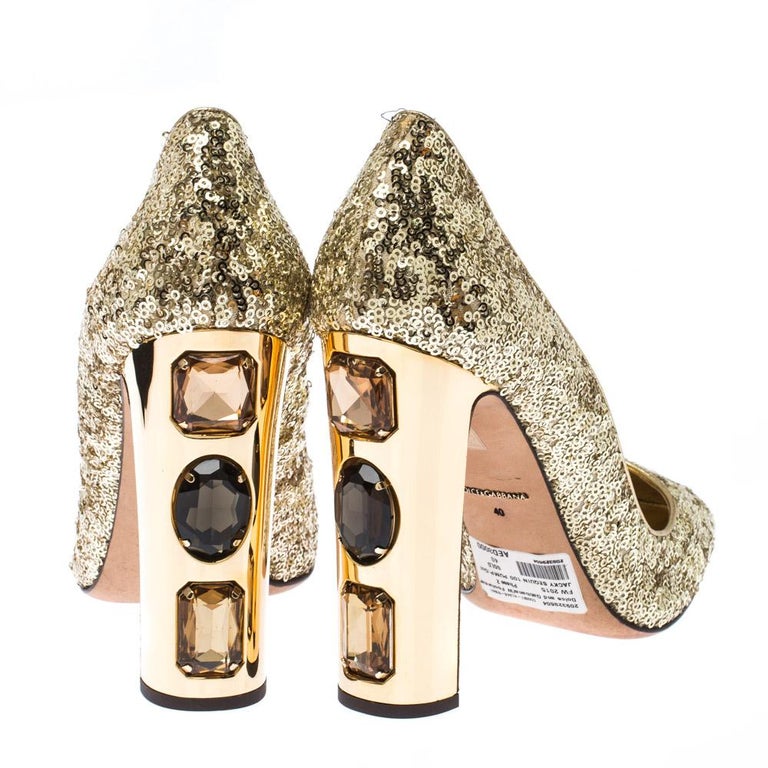 Dolce & Gabbana Gold Sequin Crystal Heels Pumps Shoes