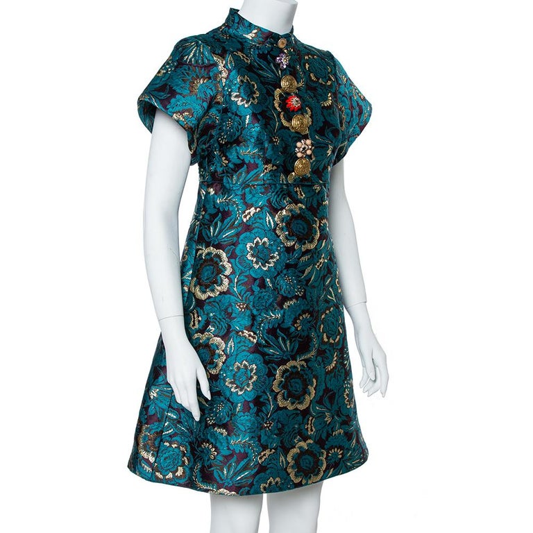 Dolce & Gabbana Green Floral Embellished Sheath Midi Dress