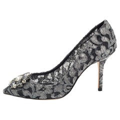 Dolce & Gabbana Metallic Grey/Black Lace Bellucci Pointed Toe Pumps Size 38