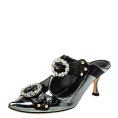 Dolce & Gabbana Metallic Grey/Black Satin Crystal Embellished Mules Size 38