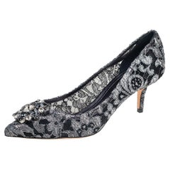 Dolce & Gabbana Metallic Grey Lace Bellucci Pointed Toe Pumps Size 40.5