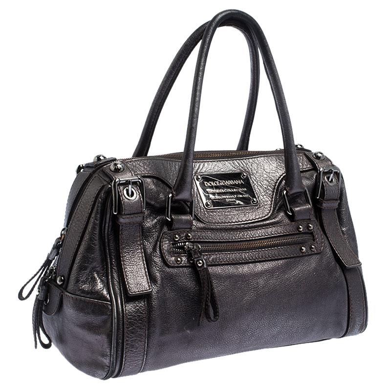 Dolce & Gabbana Metallic Grey Leather Miss Easy Way Boston Bag In Good Condition In Dubai, Al Qouz 2