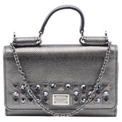 Dolce & Gabbana Metallic Grey Leather Miss Sicily Von Studded Wallet on Chain