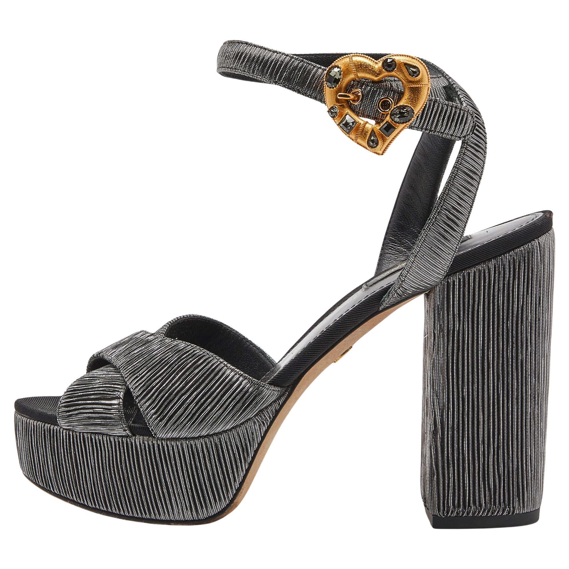 Dolce & Gabbana Metallic Grey Pleated Fabric Ankle Strap Platform Sandals Size 3 For Sale