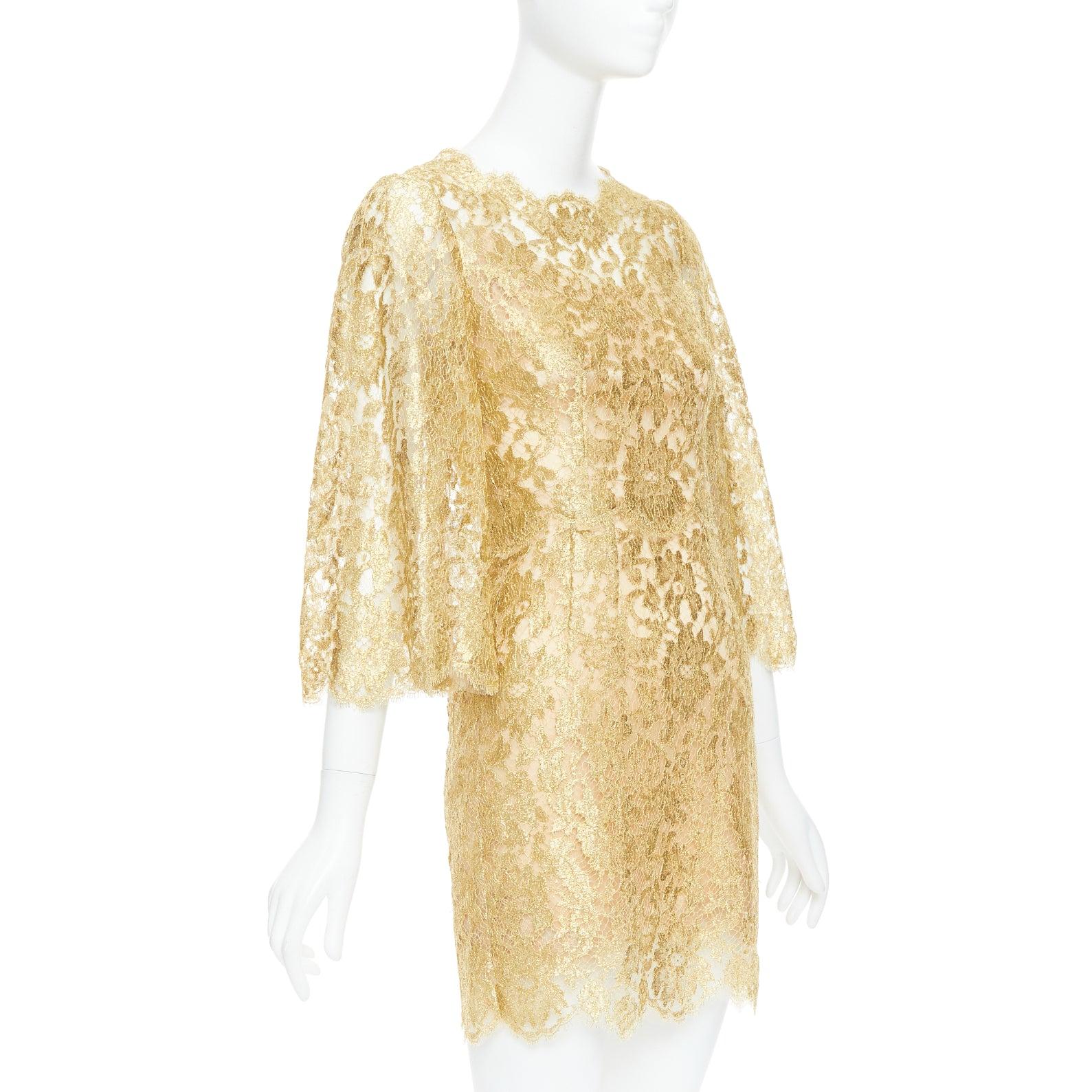 Beige DOLCE GABBANA metallic laminated lace pink crystal buttons shift dress IT36 XXS