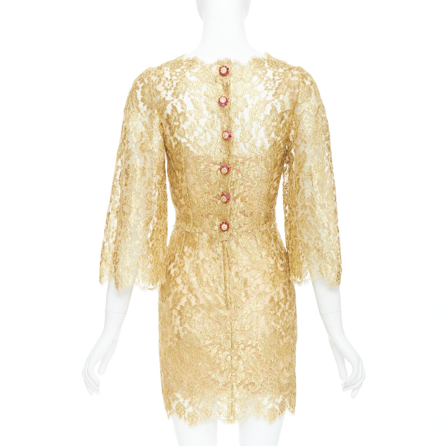 Women's DOLCE GABBANA metallic laminated lace pink crystal buttons shift dress IT36 XXS