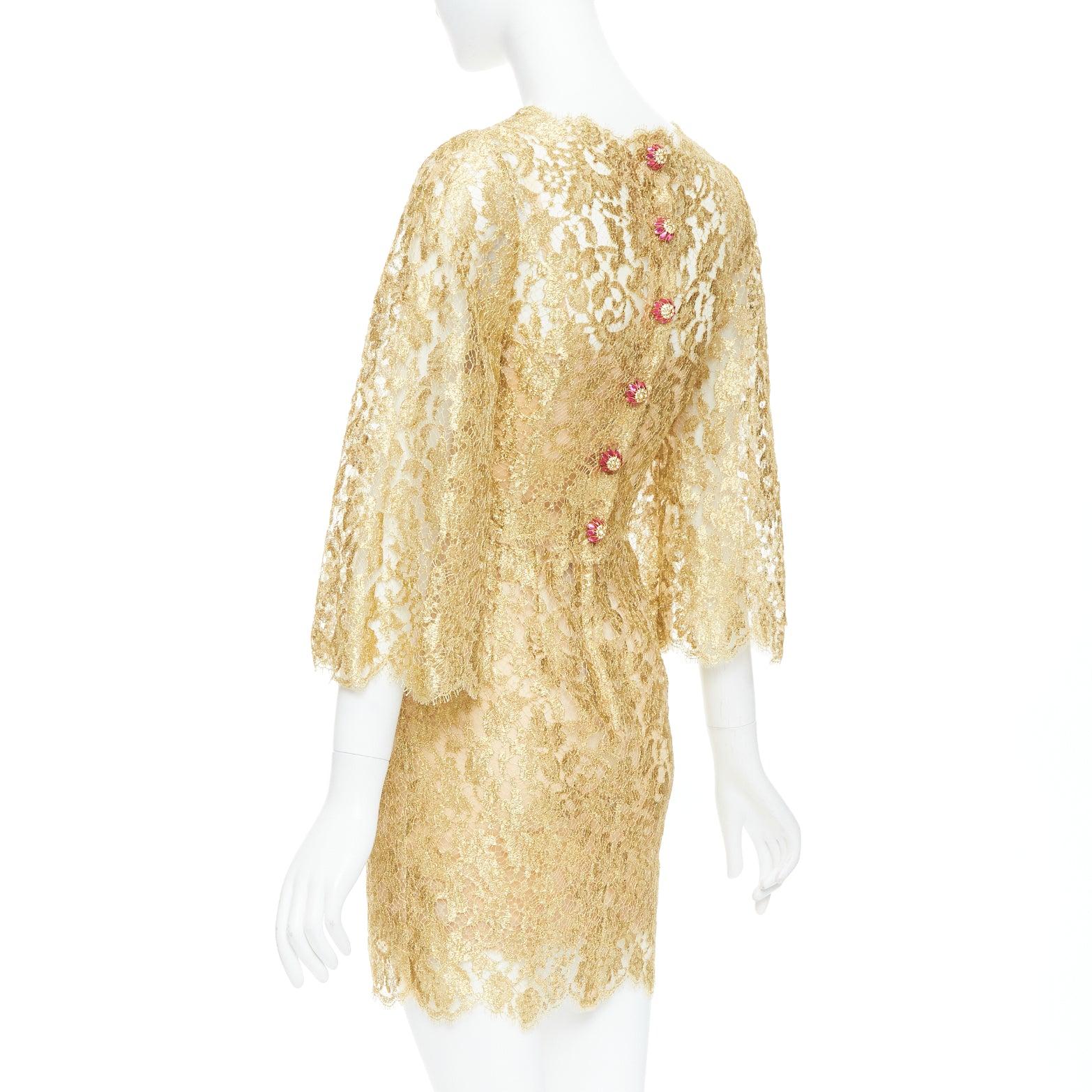 DOLCE GABBANA metallic laminated lace pink crystal buttons shift dress IT36 XXS 1