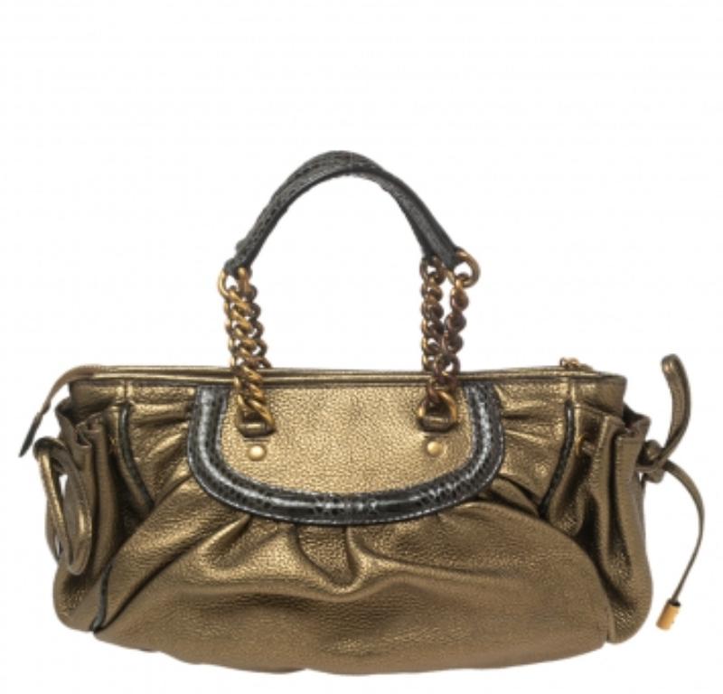 Brown Dolce & Gabbana Metallic Olive Green Leather Tassel Satchel For Sale