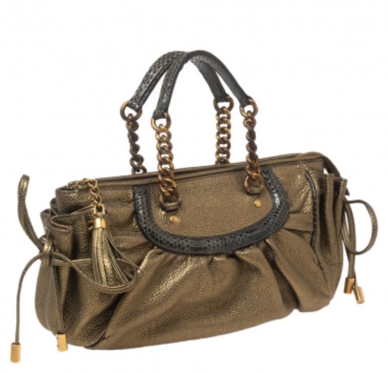 Dolce & Gabbana Metallic Olive Green Leather Tassel Satchel In Fair Condition For Sale In Dubai, Al Qouz 2