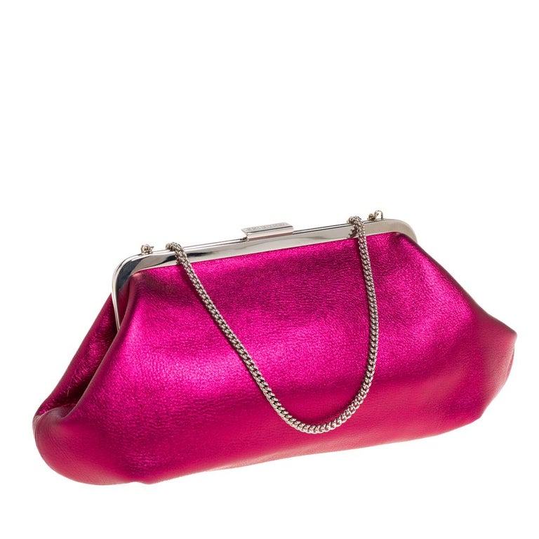 Women's Dolce & Gabbana Metallic Pink Leather Chain Frame Clutch