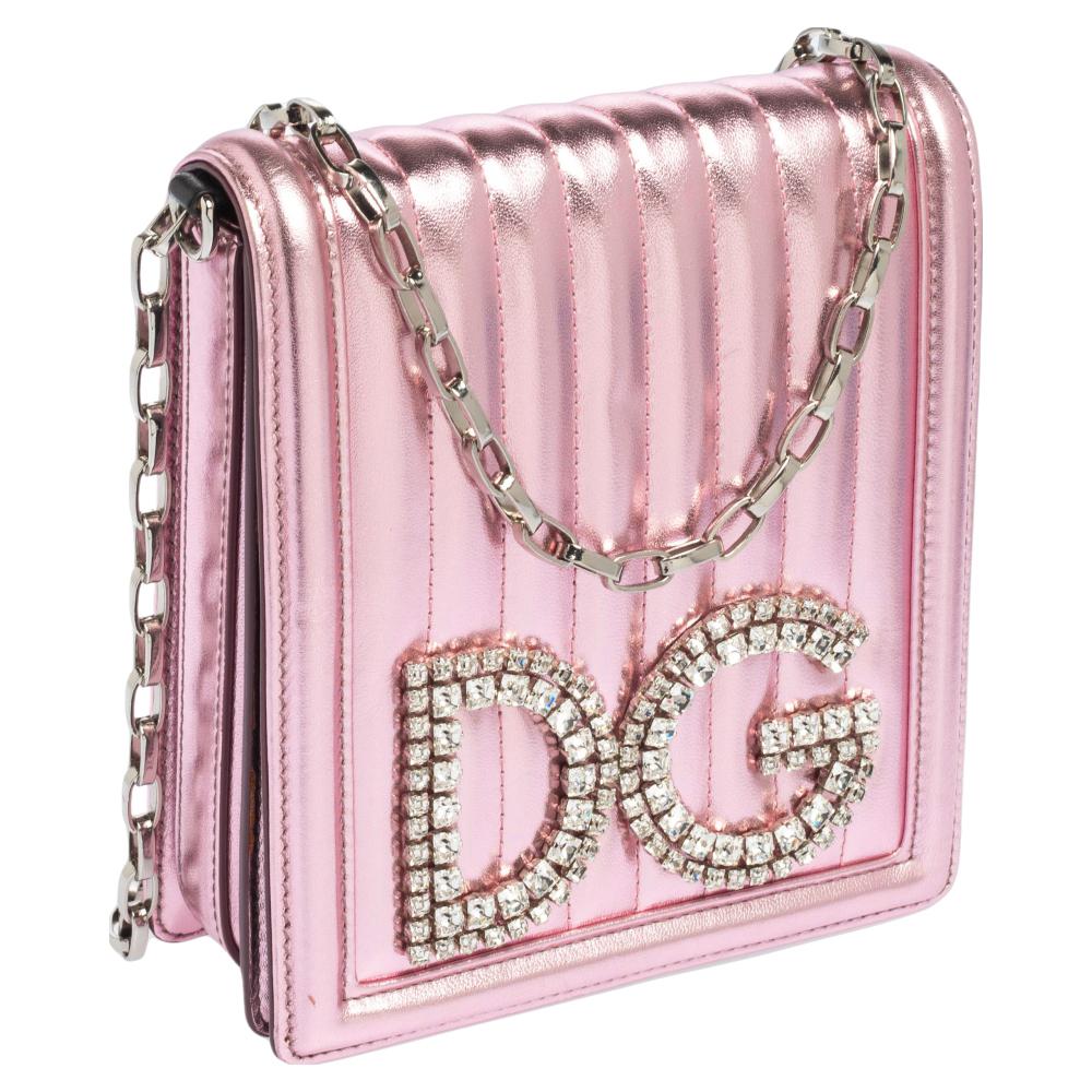 Beige Dolce & Gabbana Metallic Pink Leather DG Girls Shoulder Bag
