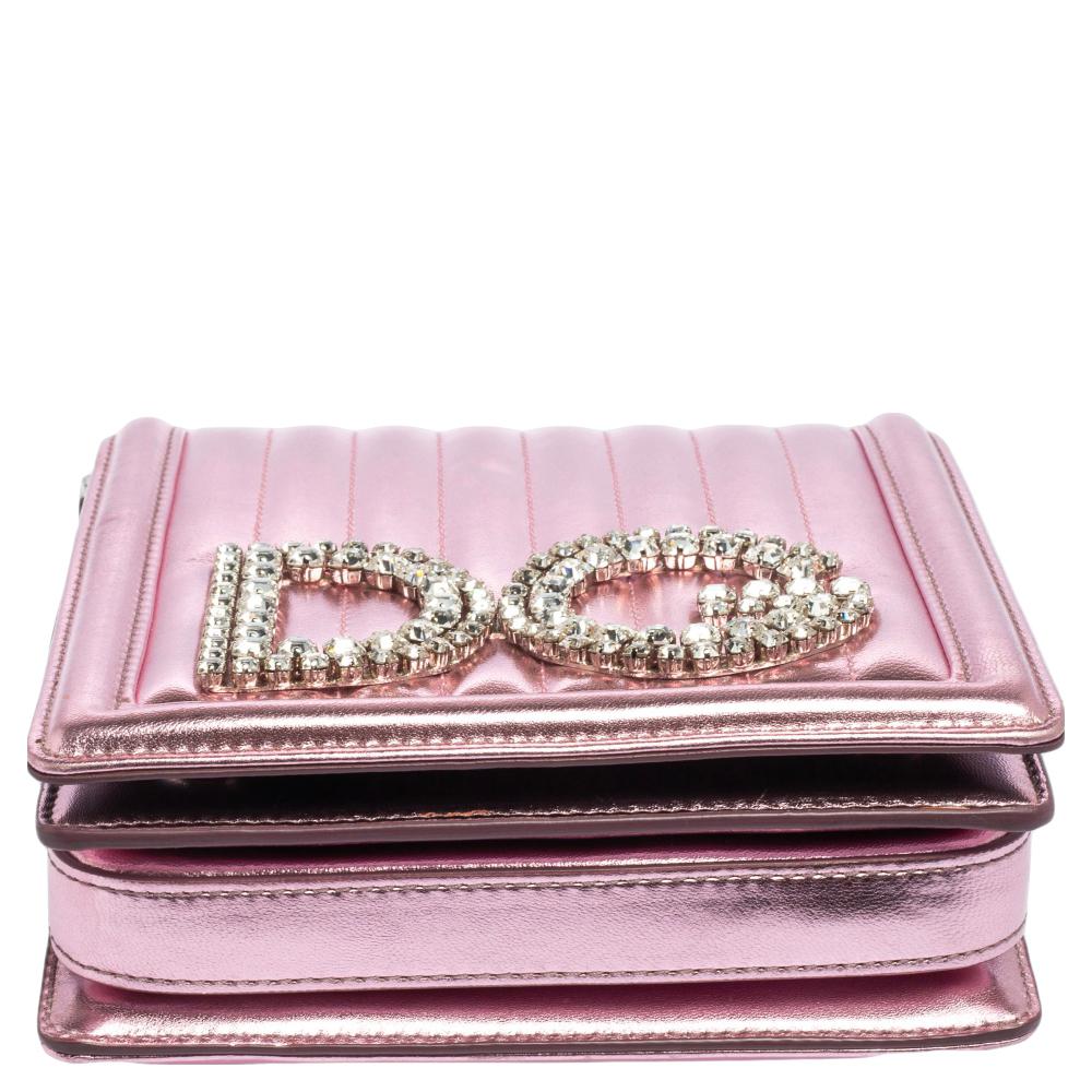 Dolce & Gabbana Metallic Pink Leather DG Girls Shoulder Bag In Excellent Condition In Dubai, Al Qouz 2